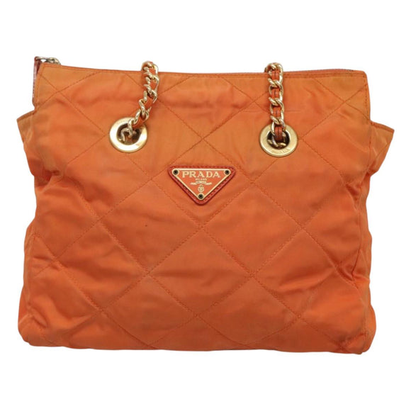 PRADA Chain Shoulder Bag Nylon Orange Gold Auth 121685