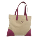 PRADA Tote Bag Canvas Leather Beige Silver Auth 121707-1