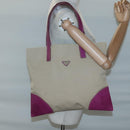 PRADA Tote Bag Canvas Leather Beige Silver Auth 121707-22