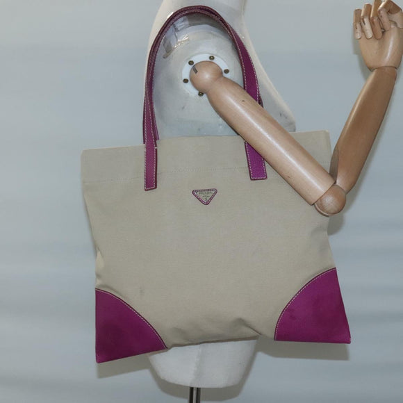 PRADA Tote Bag Canvas Leather Beige Silver Auth 121707