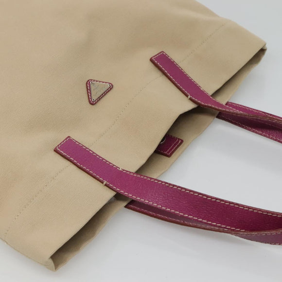 PRADA Tote Bag Canvas Leather Beige Silver Auth 121707