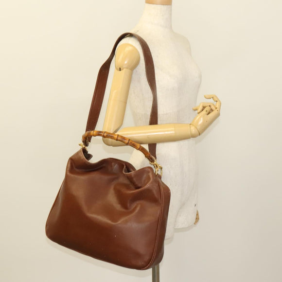 GUCCI Bamboo Shoulder Bag Leather 2way Brown Gold Auth 121718