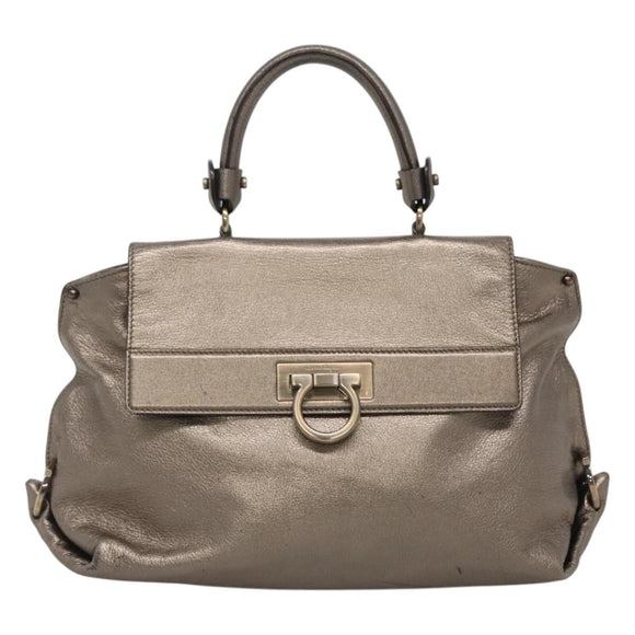 Salvatore Ferragamo Gancini Hand Bag Leather 2way Gold Tone Auth 121739
