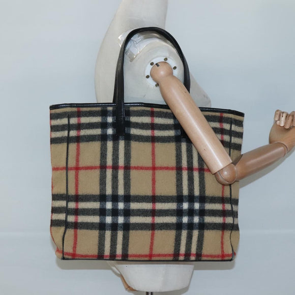 BURBERRY Nova Check Blue Label Tote Bag Wool Beige Silver Auth 121808
