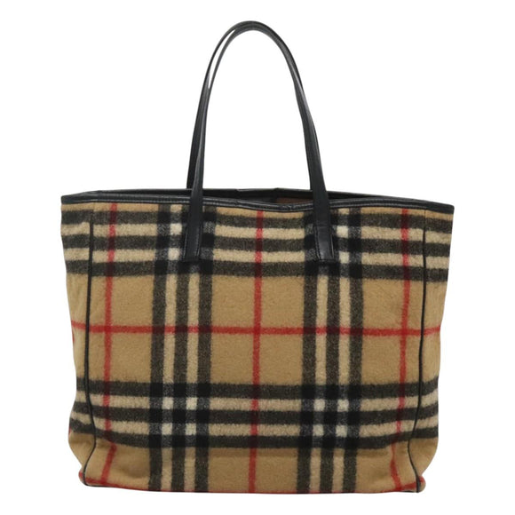 BURBERRY Nova Check Blue Label Tote Bag Wool Beige Silver Auth 121808