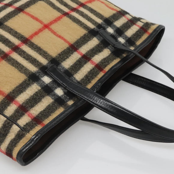 BURBERRY Nova Check Blue Label Tote Bag Wool Beige Silver Auth 121808