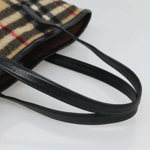 BURBERRY Nova Check Blue Label Tote Bag Wool Beige Silver Auth 121808