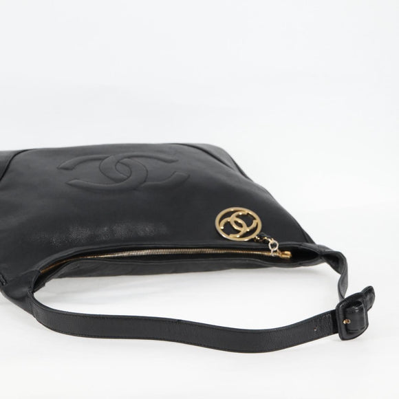 CHANEL COCO Mark Shoulder Bag Caviar Skin Black Gold CC Auth 121888