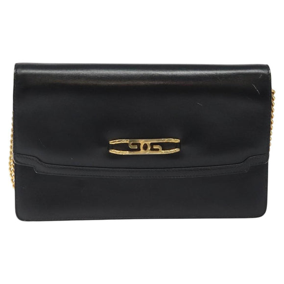 GUCCI Chain Shoulder Bag Leather Black Gold Auth 121927