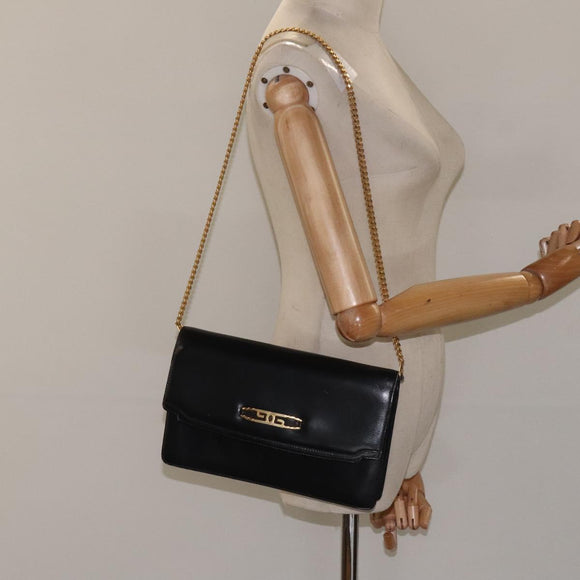 GUCCI Chain Shoulder Bag Leather Black Gold Auth 121927