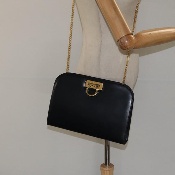 Salvatore Ferragamo Gancini Chain Shoulder Bag Leather Navy Gold Auth 121996