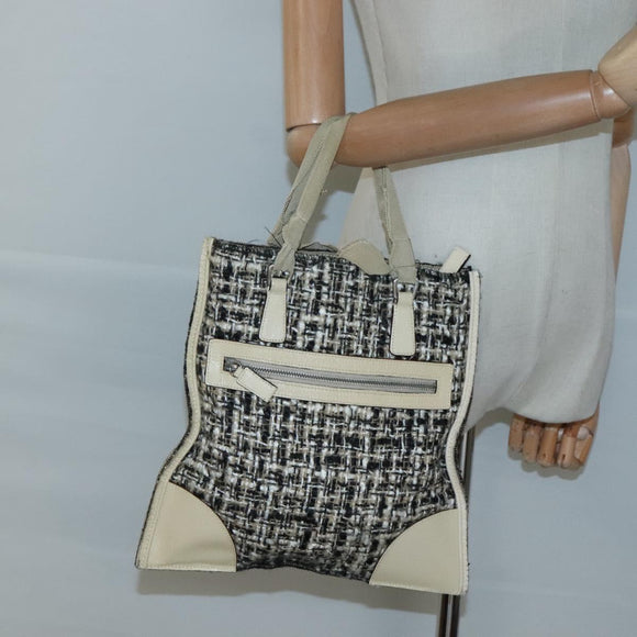 PRADA Hand Bag Tweed Leather Beige Auth 121997