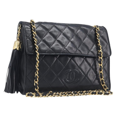 CHANEL Matelasse COCO Mark Chain Bag Lamb Skin Black Gold CC Auth 122001