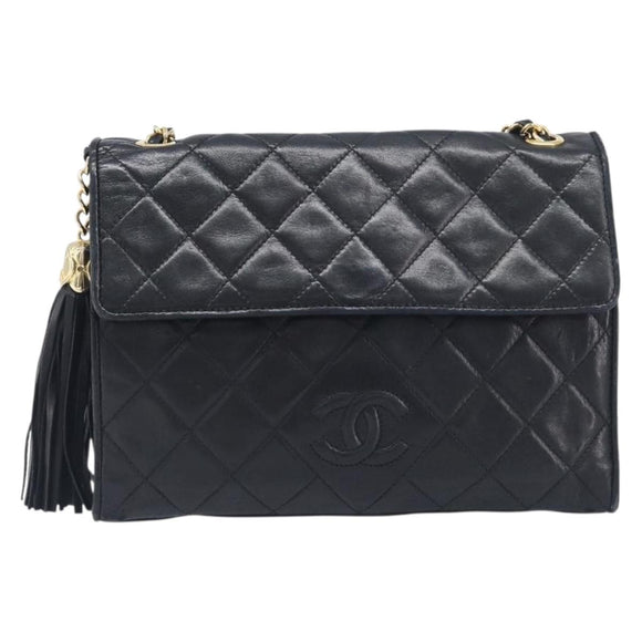 CHANEL Matelasse COCO Mark Chain Bag Lamb Skin Black Gold CC Auth 122001