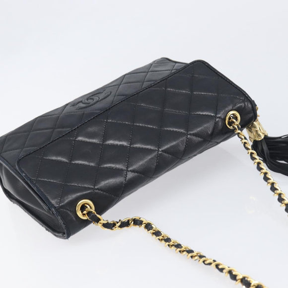 CHANEL Matelasse COCO Mark Chain Bag Lamb Skin Black Gold CC Auth 122001