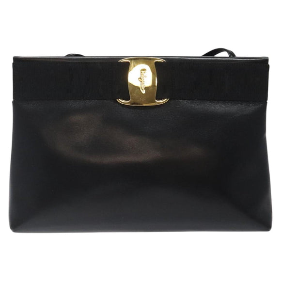Salvatore Ferragamo Vala Shoulder Bag Leather Black Gold Auth 122037