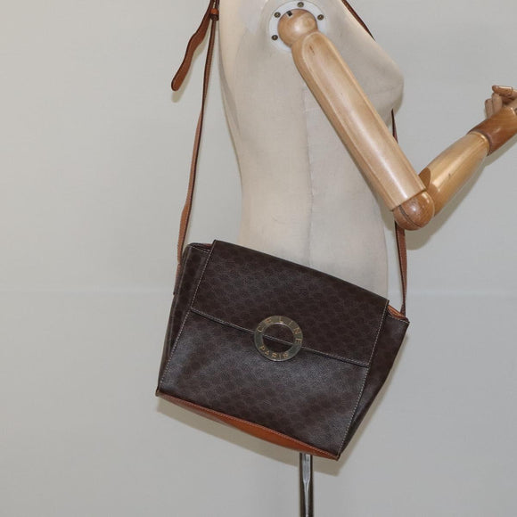 CELINE Macadam Canvas Circle Shoulder Bag PVC Leather Brown Gold Auth 122059