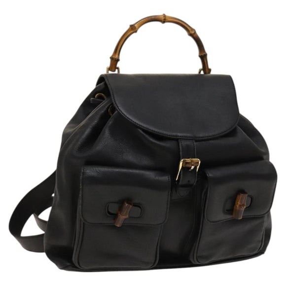 GUCCI Bamboo Backpack Leather Black Gold 003 2058 0016 Auth 122099
