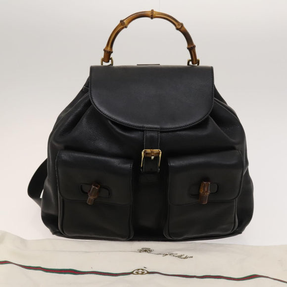 GUCCI Bamboo Backpack Leather Black Gold 003 2058 0016 Auth 122099