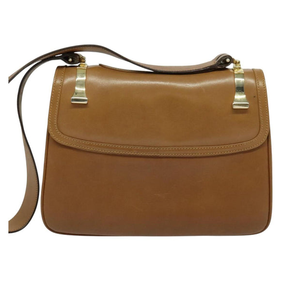 GUCCI Shoulder Bag Leather Brown Gold Auth 122171