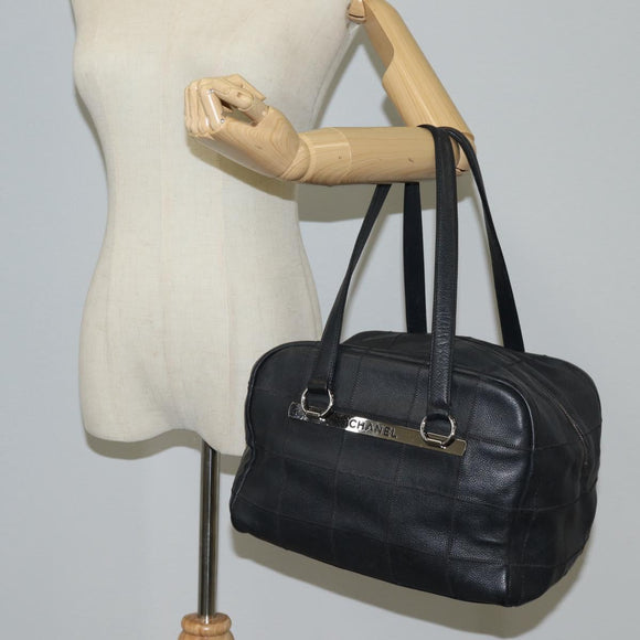 CHANEL Choco Bar Hand Bag Caviar Skin Black Silver gold CC Auth 122199