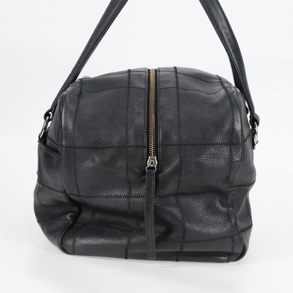 CHANEL Choco Bar Hand Bag Caviar Skin Black Silver gold CC Auth 122199