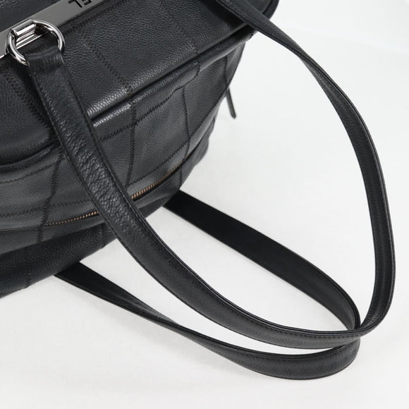 CHANEL Choco Bar Hand Bag Caviar Skin Black Silver gold CC Auth 122199