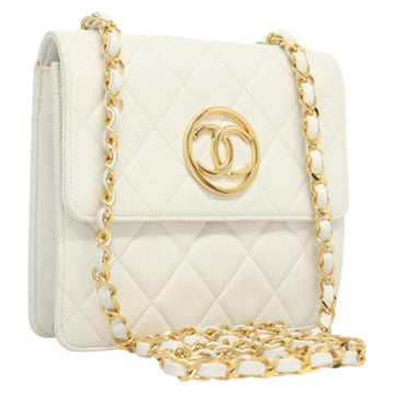 CHANEL Matelasse COCO Mark Chain Bag Lamb Skin White Gold CC Auth 122303V