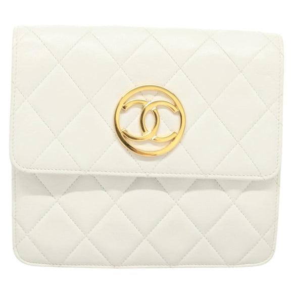 CHANEL Matelasse COCO Mark Chain Bag Lamb Skin White Gold CC Auth 122303V