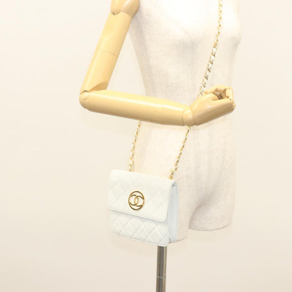 CHANEL Matelasse COCO Mark Chain Bag Lamb Skin White Gold CC Auth 122303V