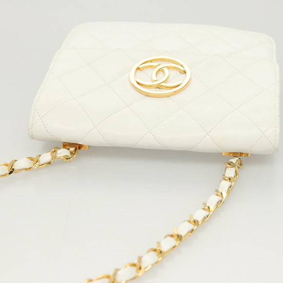 CHANEL Matelasse COCO Mark Chain Bag Lamb Skin White Gold CC Auth 122303V