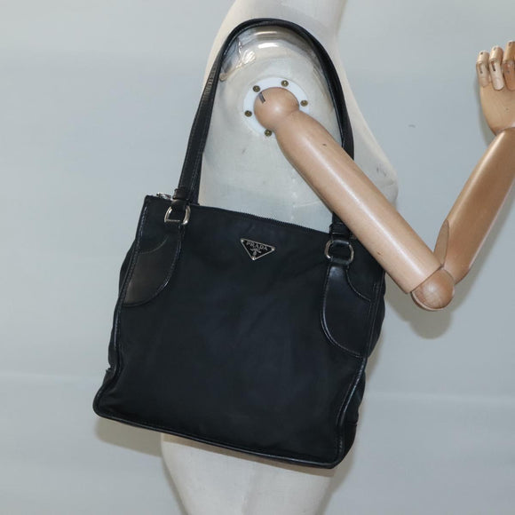 PRADA Tote Bag Nylon Black Silver Auth 122306