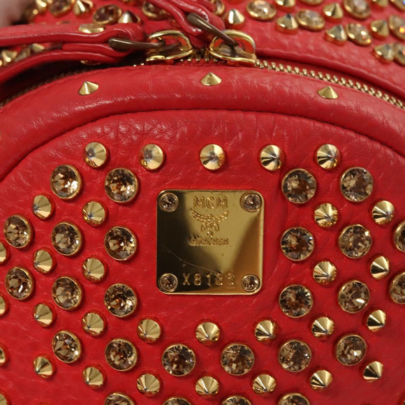 MCM Studs Backpack Leather Red Gold Auth 122310
