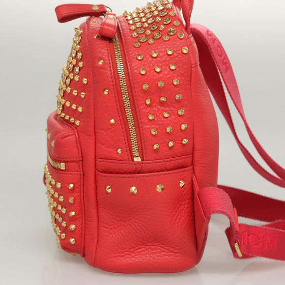 MCM Studs Backpack Leather Red Gold Auth 122310