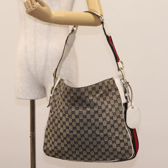 GUCCI GG Canvas Sherry Line Shoulder Bag Navy Gold 247597 203998 Auth 122316