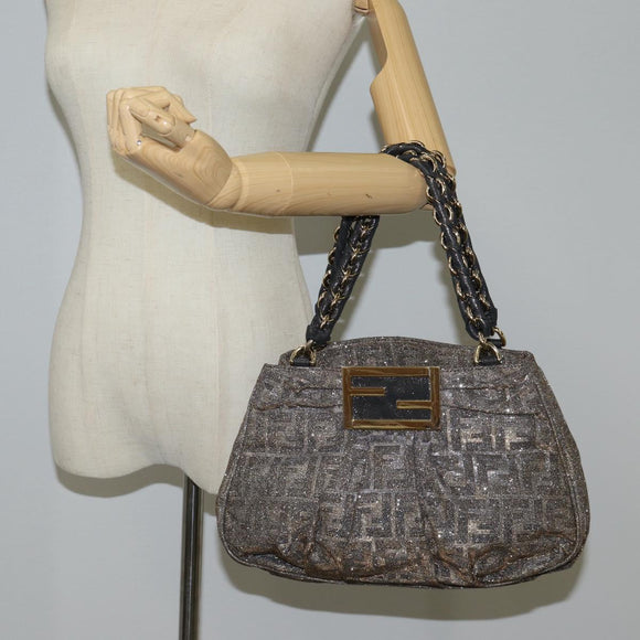 FENDI Zucca Canvas Mia Chain Shoulder Bag Silver Gold Auth 122372AV