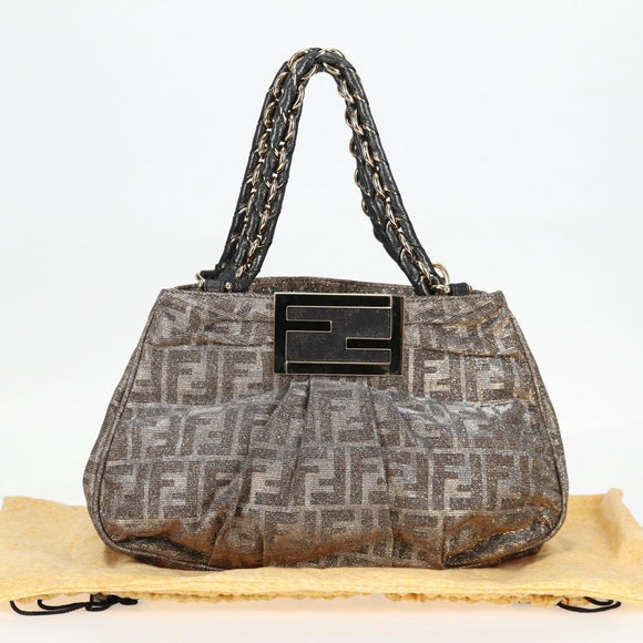 FENDI Zucca Canvas Mia Chain Shoulder Bag Silver Gold Auth 122372AV