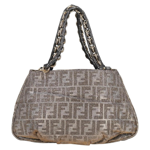 FENDI Zucca Canvas Mia Chain Shoulder Bag Silver Gold Auth 122372AV