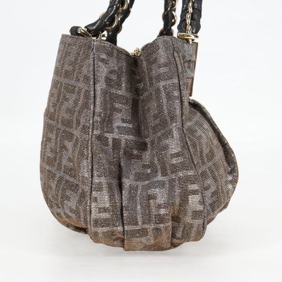 FENDI Zucca Canvas Mia Chain Shoulder Bag Silver Gold Auth 122372AV
