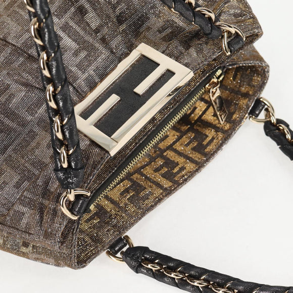 FENDI Zucca Canvas Mia Chain Shoulder Bag Silver Gold Auth 122372AV