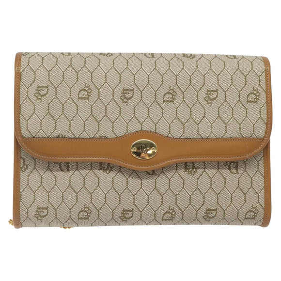 Christian Dior Honeycomb Canvas Chain Bag PVC Leather Beige Gold Auth 122377