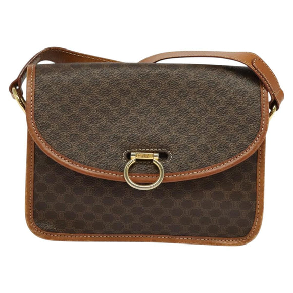 CELINE Macadam Canvas Shoulder Bag PVC Leather Brown Gold Auth 122382