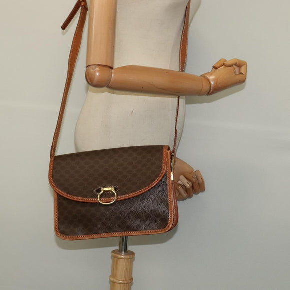 CELINE Macadam Canvas Shoulder Bag PVC Leather Brown Gold Auth 122382