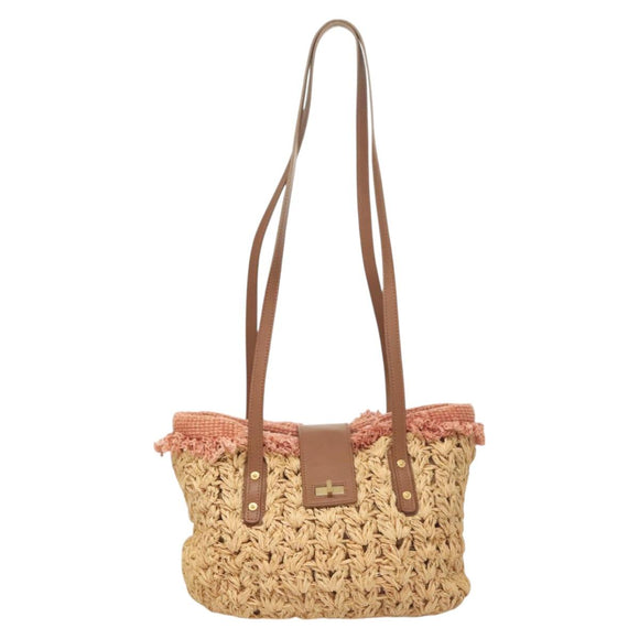 CHANEL Shoulder Bag Raffia Beige Gold CC Auth 122425V