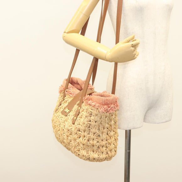 CHANEL Shoulder Bag Raffia Beige Gold CC Auth 122425V
