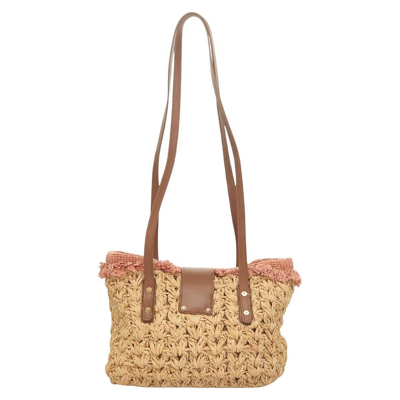 CHANEL Shoulder Bag Raffia Beige Gold CC Auth 122425V