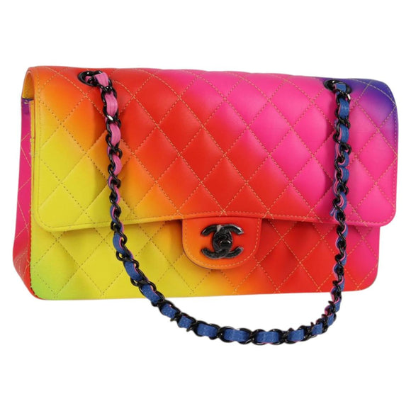 CHANEL Matelasse Chain Shoulder Bag Lamb Skin Rainbow CC Auth 122426SM