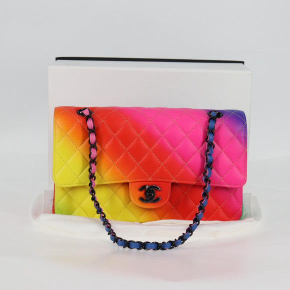 CHANEL Matelasse Chain Shoulder Bag Lamb Skin Rainbow CC Auth 122426SM