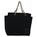 CHANEL Chain Tote Bag Cotton Black Gold CC Auth 122490-1
