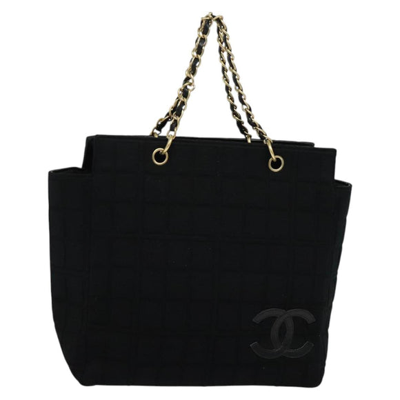 CHANEL Chain Tote Bag Cotton Black Gold CC Auth 122490